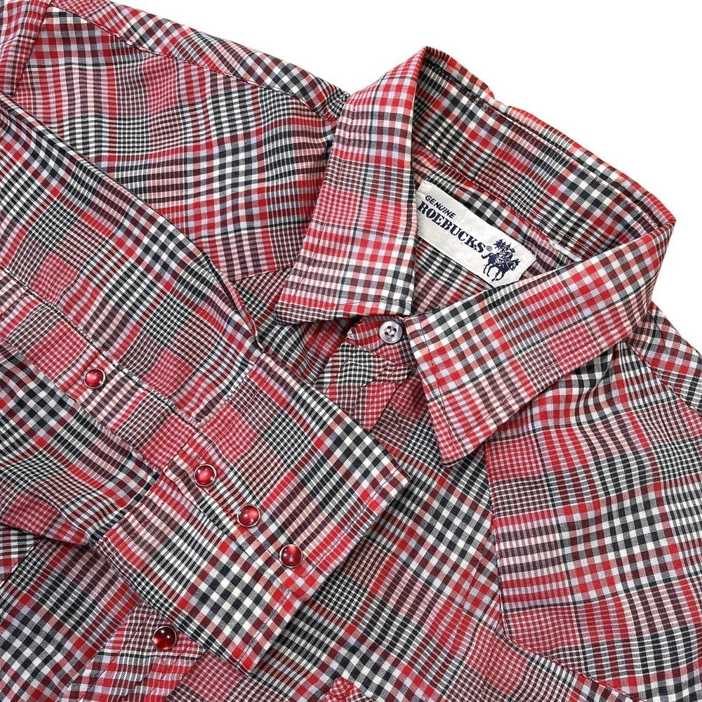 Vintage Genuine Roebucks Western Shirt Mens L Red Plaid Pearl Snap Rodeo Ranch
